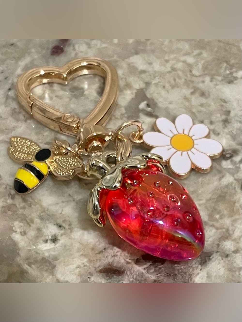 ADORABLE!! Gold Heart Keyring w/ Red Iridescent Strawberry, Bee & Daisy Charms